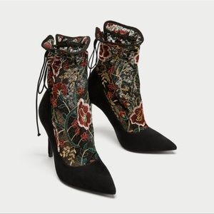 Zara Embroidered Floral Ankle Boots Stiletto Heel Size 38